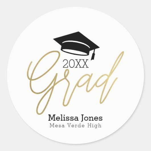 Goud GRAD Afgestudeerd Afstuderen Modern Schrift M Ronde Sticker (Voorkant)