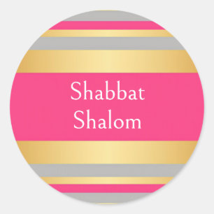 Goud Grijs Heet Roze Strepen, Shabbat Shalom Ronde Sticker