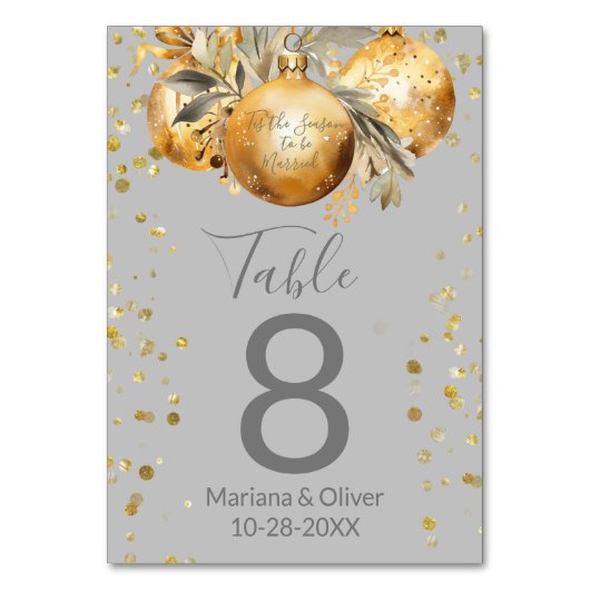 Goud Grijs Kerst Bruiloft Tafel Nummer Kaart (Voorkant)