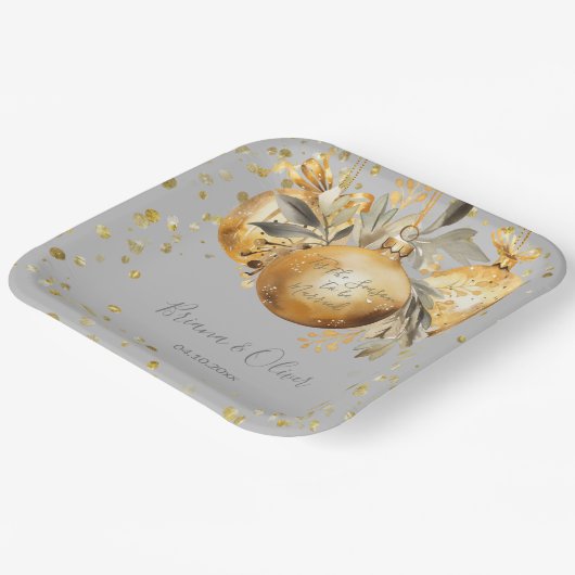 Goud Grijs Kerstmis Bruiloft Papieren Bordje (Gebogen)