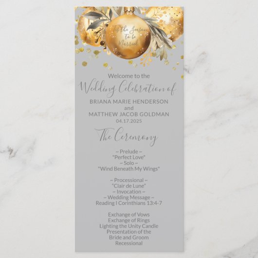 Goud Grijs Kerstmis Bruiloft Programma Programmakaart (Voorkant)