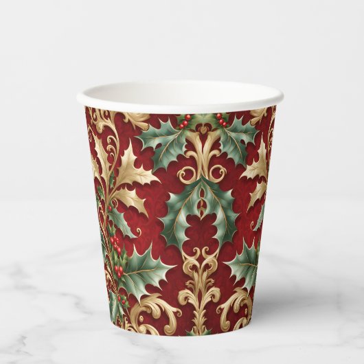 Goud Groen Bladeren Rode Kerst Vakantiepapier Cups Papieren Bekers (Voorkant)