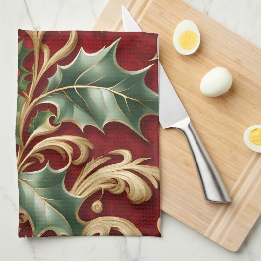 Goud Groen Bladeren Rode Vakantie Keuken Handdoek (Quarter Fold)
