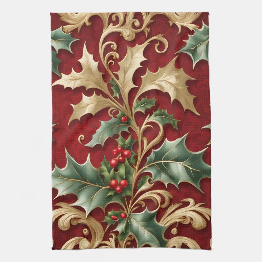 Goud Groen Bladeren Rode Vakantie Keuken Handdoek (Verticaal)