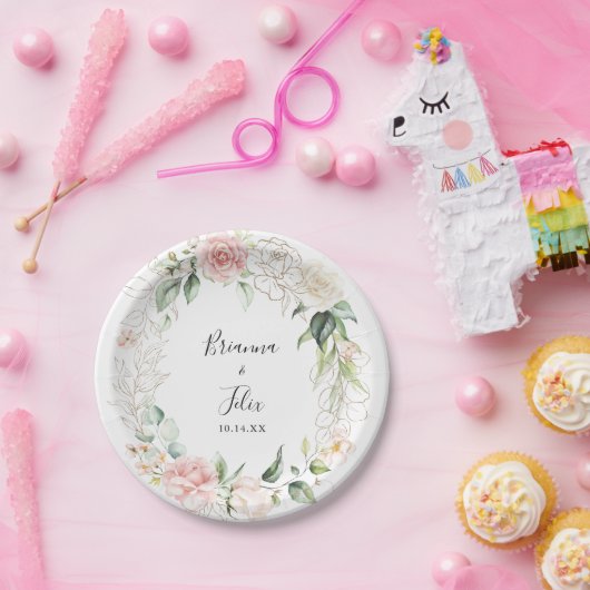 Goud Groen Bladgroen Bloemen Bruiloft Taart Papieren Bordje (Feest)