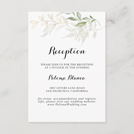 Goud Groen Bladgroen Bruiloft Receptie Informatiekaartje (Voorkant)