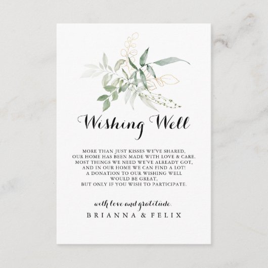 Goud Groen Bladgroen Bruiloft Wishing Well Informatiekaartje (Voorkant)