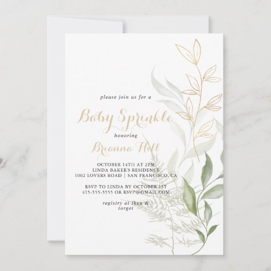 Goud Groen Bladgroen Kalligrafie Baby Sprinkle Kaart (Voorkant)