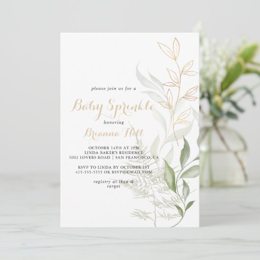 Goud Groen Bladgroen Kalligrafie Baby Sprinkle Kaart (Staand voorkant)