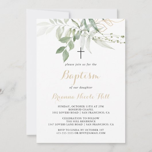 Goud Groen Bladgroen Kalligrafie Doop Kaart (Voorkant)