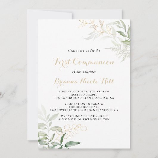 Goud Groen Bladgroen Kalligrafie Eerste Communie Kaart (Voorkant)