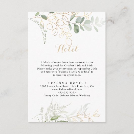 Goud Groen Bladgroen Kalligrafie Hotel Informatiekaartje (Voorkant)