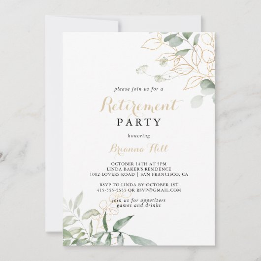 Goud Groen Bladgroen Kalligrafie Pensioen Partij Kaart (Voorkant)