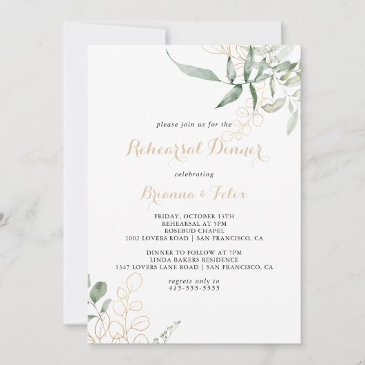 Goud Groen Bladgroen Kalligrafie Repetitie Diner Kaart (Voorkant)