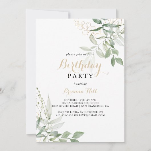 Goud Groen Bladgroen Kalligrafie Verjaardagsfeest Kaart (Voorkant)