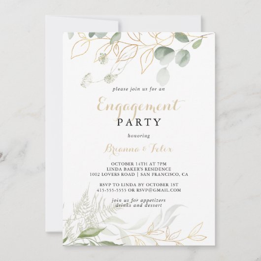 Goud Groen Bladgroen Kalligrafie Verlovingsfeest Kaart (Voorkant)