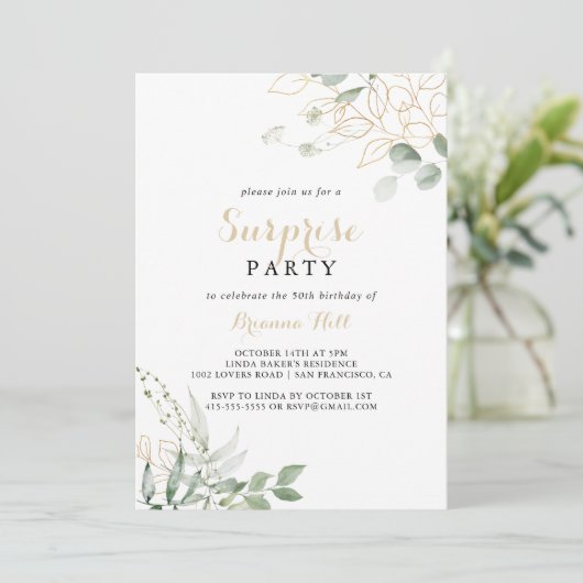 Goud Groen Bladgroen Kalligrafie Verrassingsfeest Kaart (Staand voorkant)