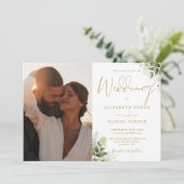 Goud Groen Bloemen QR Code Foto bruiloft Kaart (Staand voorkant)