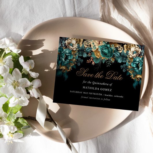 Goud Groen Bloemen Quinceañera Save The Date Kaart