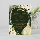 Goud Groen Bloemen Tiara Jurk quinceanera Folie Uitnodiging (Staand Voorkant)