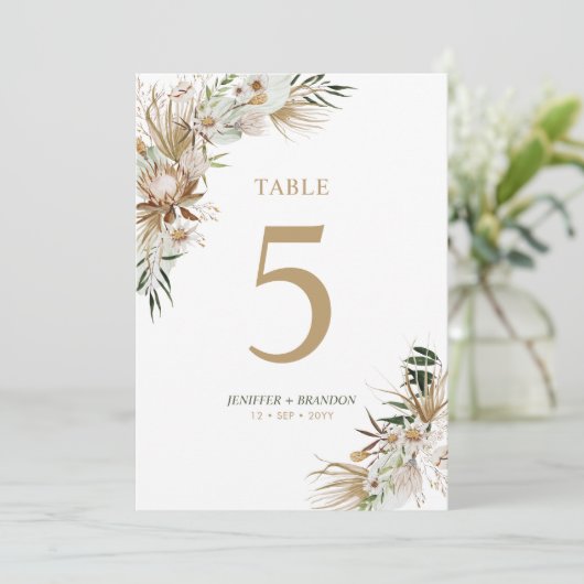 Goud & Groen Boho Trouwfeest Tafel Nummerkaart (Staand voorkant)