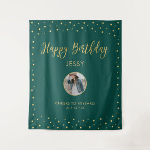 Goud & Groen Confetti   Gelukkige Verjaardag Foto Wandkleed