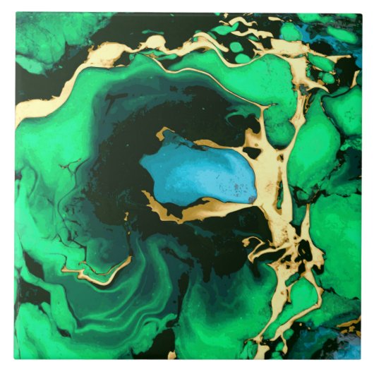 Goud groen en zwart marmer acrylverf tegeltje (Voorkant)