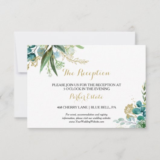 Goud Groen Eucalyptus Bruiloft Receptie Kaart (Voorkant)