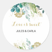 Goud & Groen Eucalyptus Liefde is Zoete Bruiloft Ronde Sticker (Voorkant)