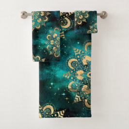 Goud & Groen Galaxy Dharma Mandala Patroon Bad Handdoek