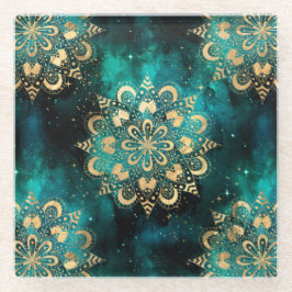 Goud & Groen Galaxy Dharma Mandala Patroon Glazen Onderzetter