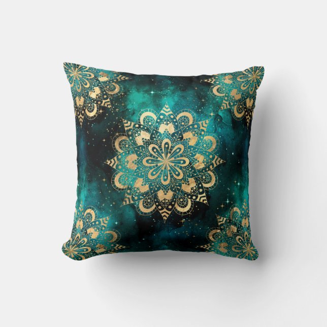 Goud & Groen Galaxy Dharma Mandala Patroon Kussen (Voorkant)