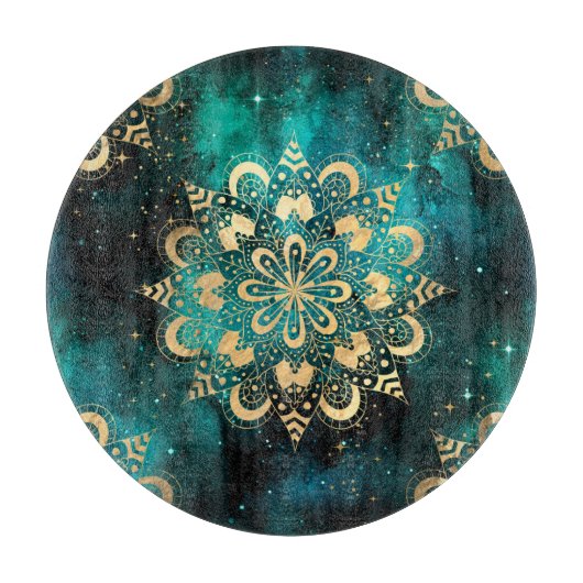 Goud & Groen Galaxy Dharma Mandala Patroon Snijplank (Voorkant)