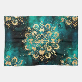 Goud & Groen Galaxy Dharma Mandala Patroon Theedoek