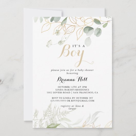 Goud groen gebladerte Het is een jongen Baby showe Kaart (Voorkant)