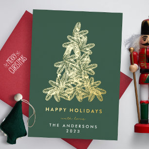 Goud & Groen Gelukkig Kerstmis Dennenboom Blij Folie Feestdagenkaart
