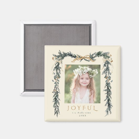 Goud & Groen Kerst Lijst Foto Vrolijk Ivoor Magneet (Voorkant / Achterkant)