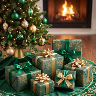 Goud Groen Modern Eerbiedig Botanisch Dennen Kerst Cadeaupapier