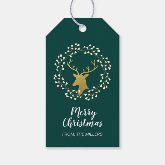 Goud & Groen | Modern hert vrolijk kerstfeest Cadeaulabel (Voorkant)