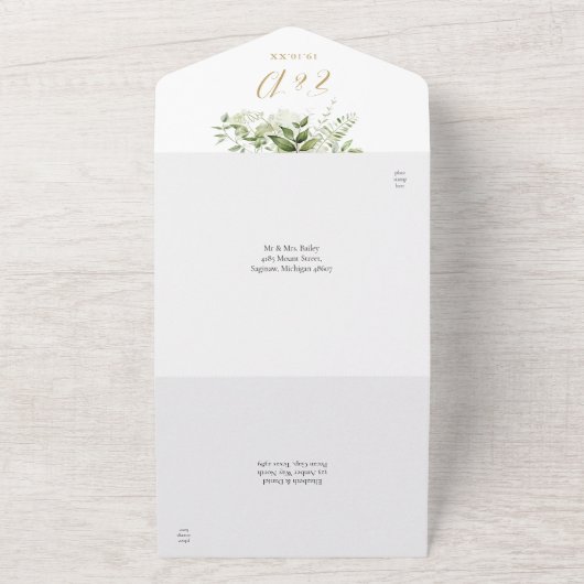 Goud groen Monogram QR Code Bruiloft All In One Uitnodiging (Buitenkant)