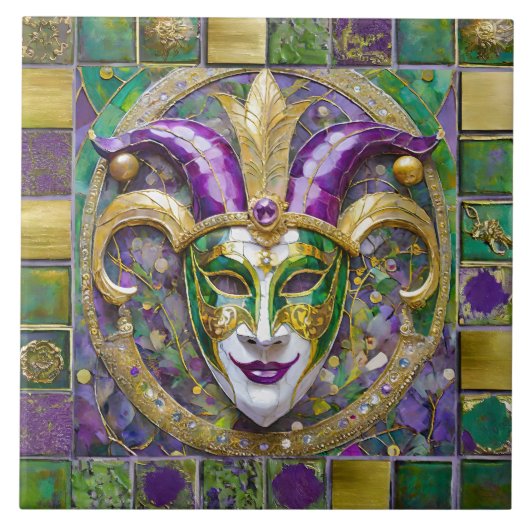 Goud Groen Paars Mardi Gras Narrenmasker Tegeltje (Voorkant)