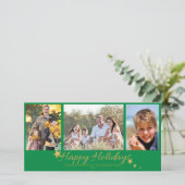 Goud & Groen Prettige Feestdagen 3 Foto Collage Feestdagenkaart (Staand voorkant)