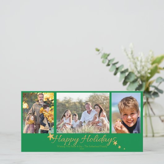 Goud & Groen Prettige Feestdagen 3 Foto Collage Feestdagenkaart (Staand voorkant)