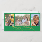 Goud & Groen Prettige Feestdagen 3 Foto Collage Feestdagenkaart (Voorkant)