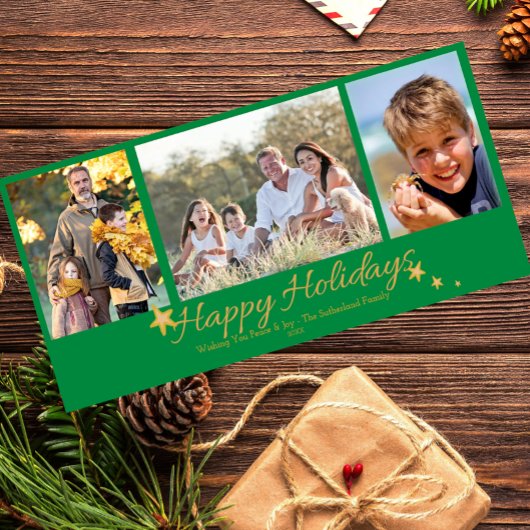 Goud & Groen Prettige Feestdagen 3 Foto Collage Feestdagenkaart