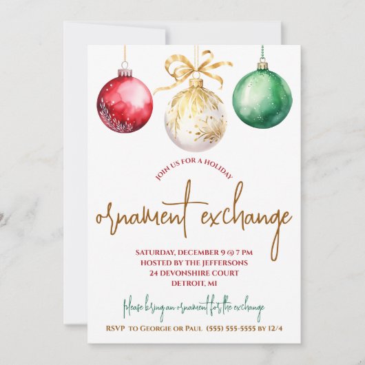Goud, Groen, Rode Ornament Exchange Holiday Party Kaart (Voorkant)
