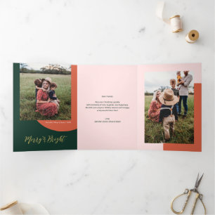 Goud & Groen, Rood Kerst Foto Merry & Bright Drieluik Wenskaart