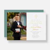 Goud Groen Script Jongen Foto Eerste Communie Folie Uitnodiging