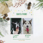 Goud & Groen Stout of Braaf Twee Honden Foto Folie Feestdagenkaart<br><div class="desc">Mooie en grappige huisdier kerstkaarten! "Kerstman Poot komt naar de stad" twee honden kerst foto kaart met stout of braaf hokjes en echte folie accenten!</div>