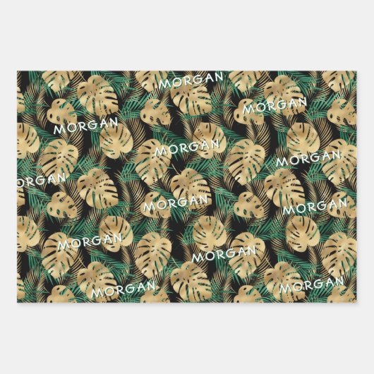Goud/Groen Tropisch blad, aangepaste naam, 3 kleur Inpakpapier Vel (Voorkant 2)